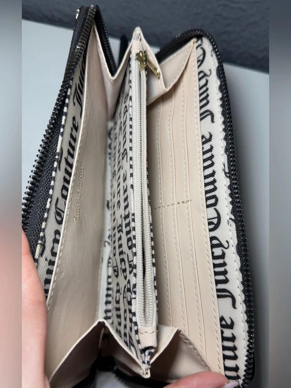 Juicy Couture Black Wallet with White Logo Print and Gold Accent